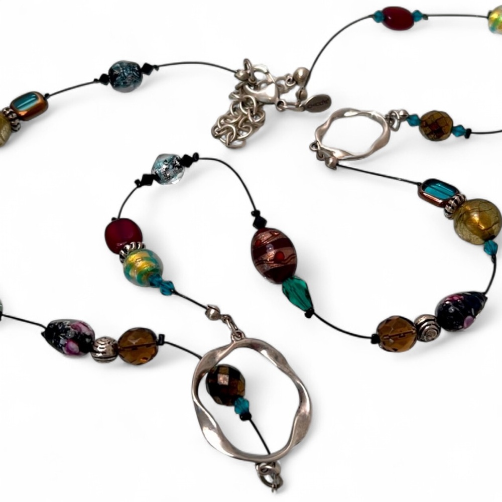 Vintage Chico’s Long Beaded Necklace Silver Hoops 90s